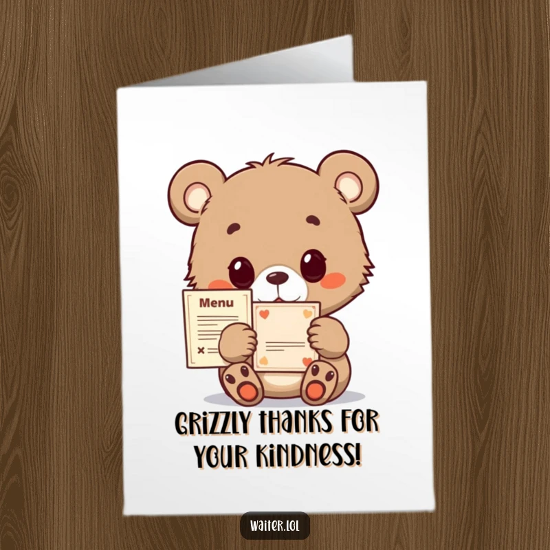 Funny Free Printable Thank You Card with a curious bear cub holding a tiny menu, its eyes wide with anticipation, a sweet thank you.