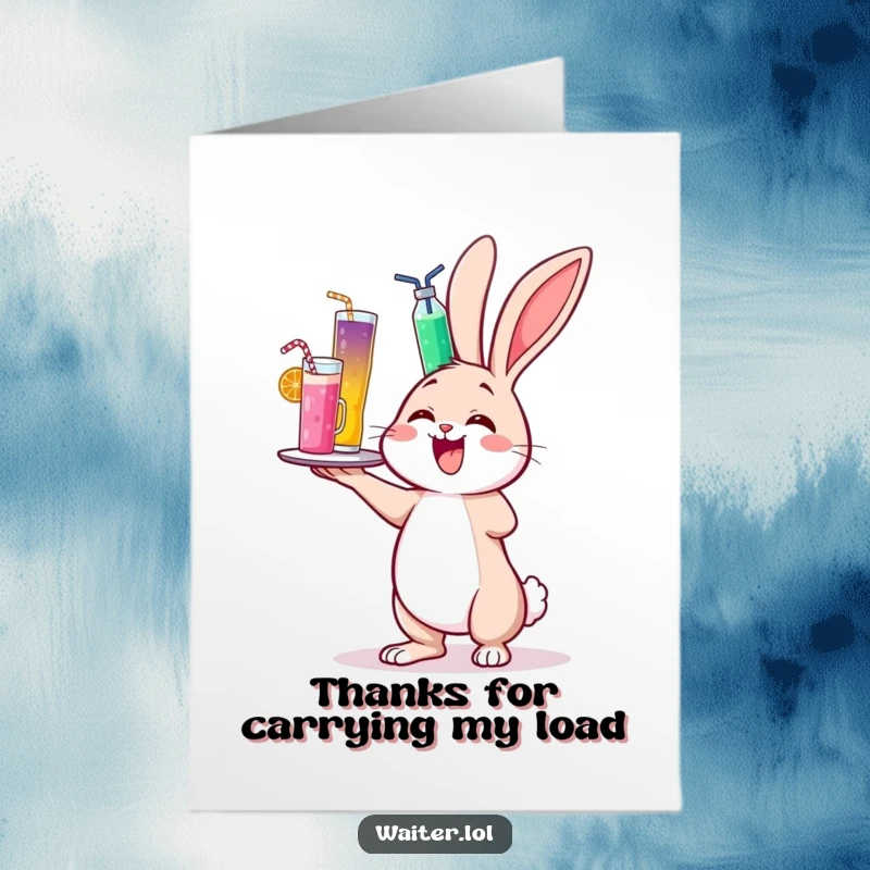 Funny Free Printable Thank You Card: A cheerful bunny wobbles with a tower of drinks, offering thanks with a happy tilt.