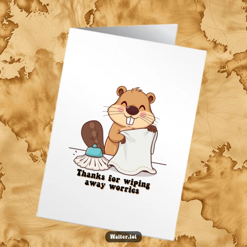 Funny Free Printable Thank You Card: A determined beaver diligently wipes a table, offering thanks with impressive effort.