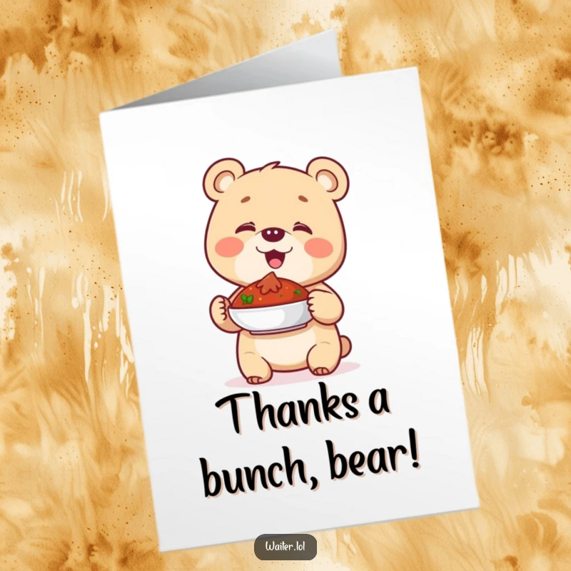 Funny Free Printable Thank You Card: Giggling bear cub proudly serves a dish, a perfect downloadable gift for expressing thanks.
