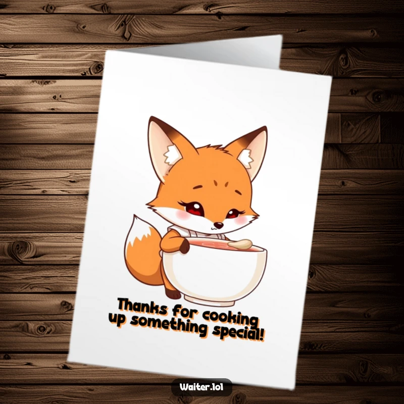Funny free printable thank you card featuring a curious cartoon fox in an apron, peering into a steaming bowl with an intrigued look.