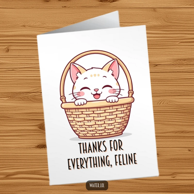 Funny Free Printable Thank You Card: Smiling cat peeking out from behind a napkin basket, subtle and sweet, printable art.