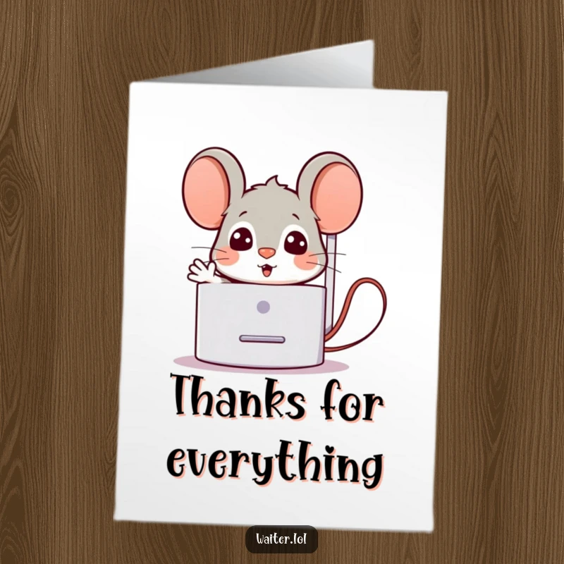Funny free printable thank you card with a surprised mouse popping out from behind a napkin dispenser, extending a warm welcome.