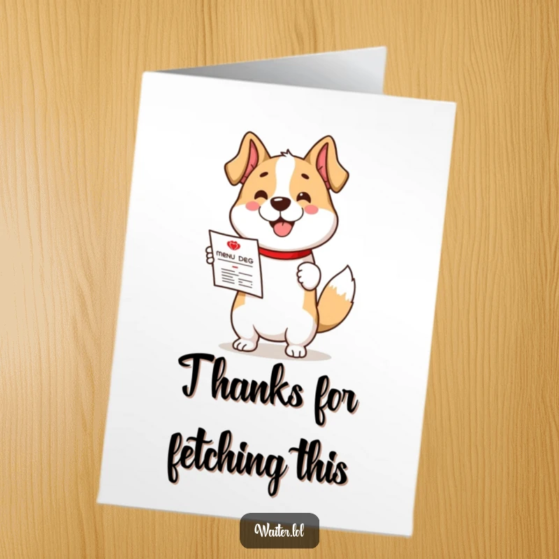 Funny free printable thank you card: a cute dog presents a menu with an excited wagging tail and happy expression.