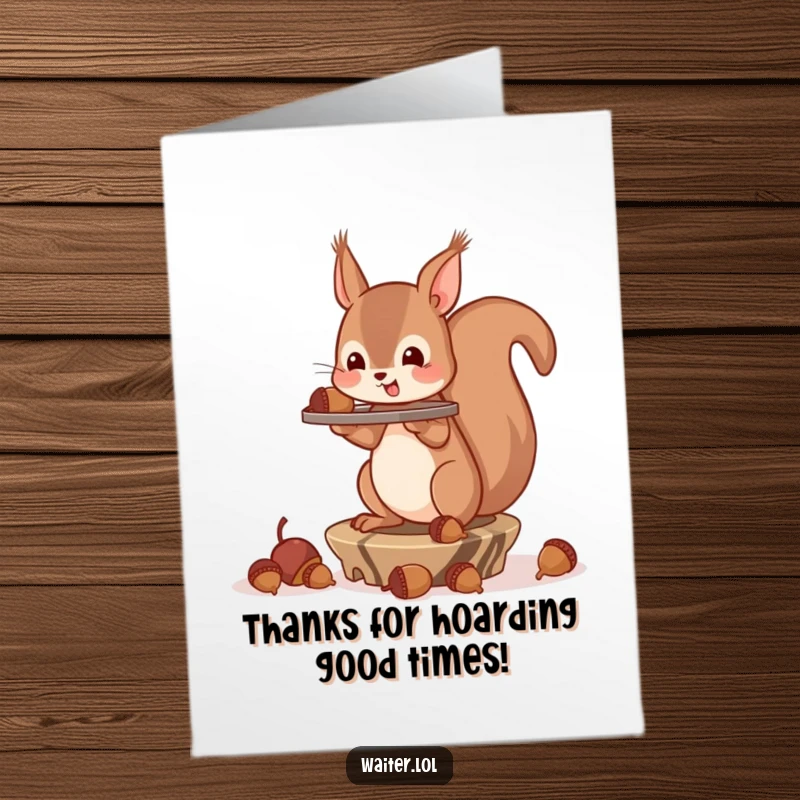 Funny Free Printable Squirrel Thank You Card: A squirrel offers a tray of acorns with a grateful, slightly precarious, expression.