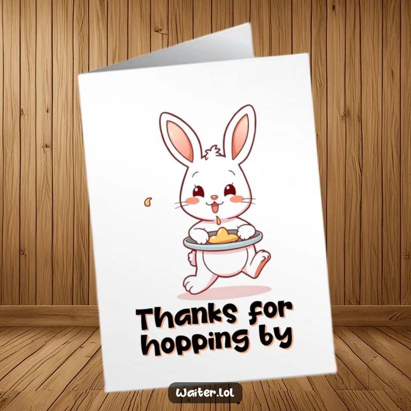Funny free printable thank you card of a playful bunny hopping with a tray, artfully containing a small spill, showing careful gratitude.