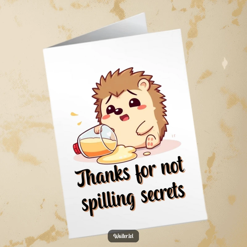 Funny Free Printable Hedgehog Thank You Card: A startled hedgehog accidentally spills their drink, creating a funny, endearing thank you.
