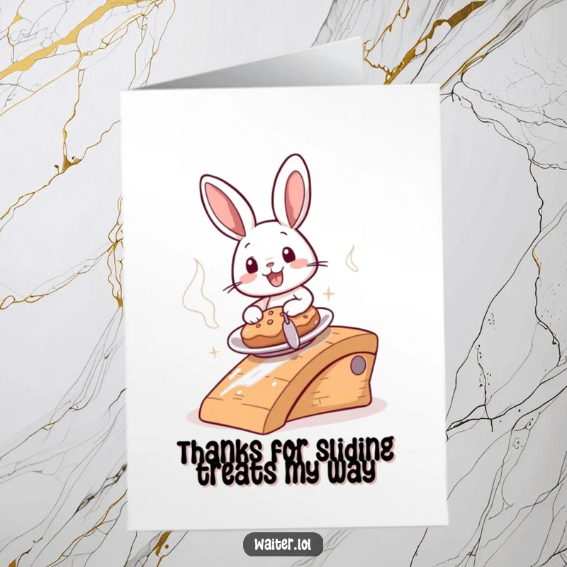 Funny Free Printable Thank You Card: A happy bunny slides a steaming plate down a ramp, delivering heartfelt thanks.