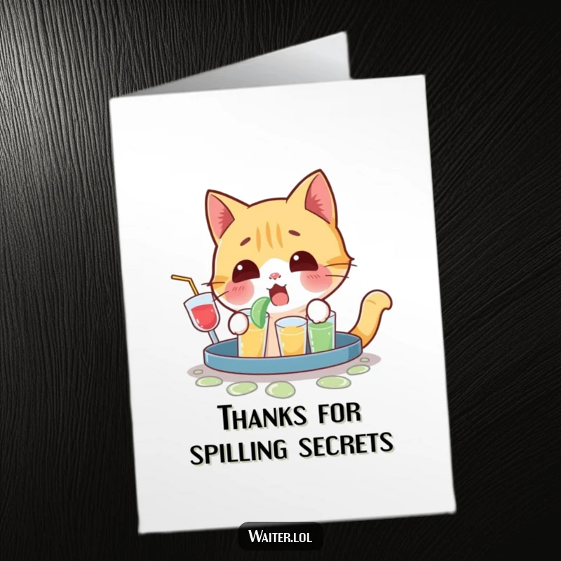 Funny free printable thank you card: a surprised cat lets out a yelp as it spills a tray of drinks.