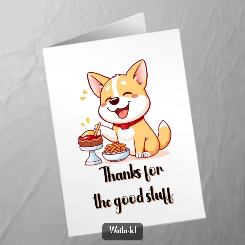 Funny Free Printable Thank You Card: A happy dog enthusiastically points to a food item, a fun and humorous way to say thank you.