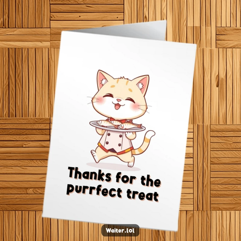 Funny Free Printable Thank You Card: Giggling cat waiter tiptoes with playful caution carrying tiny fish.