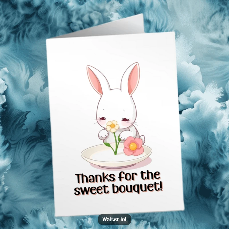 Funny Free Printable Thank You Card: A gentle rabbit places a flower on a tiny plate to say thank you.