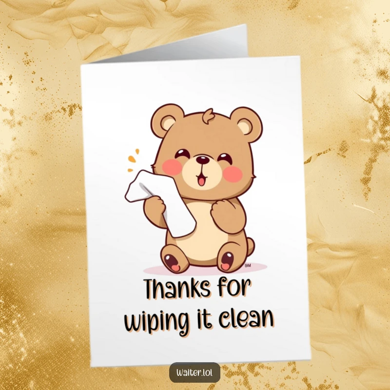Funny Free Printable Thank You Card: A little bear enthusiastically presents a napkin with a charming flourish.