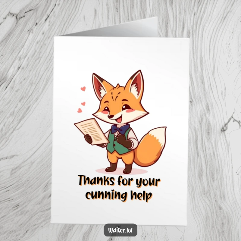 Funny Free Printable Thank You Card of a playful fox waiter offering a menu with a flourish and a mischievous twinkle, saying thanks with style.