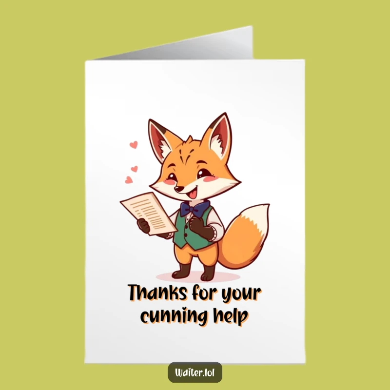 Free Printable Thank You Card: Fox Waiter Funny Downloadable for Stylish Appreciation