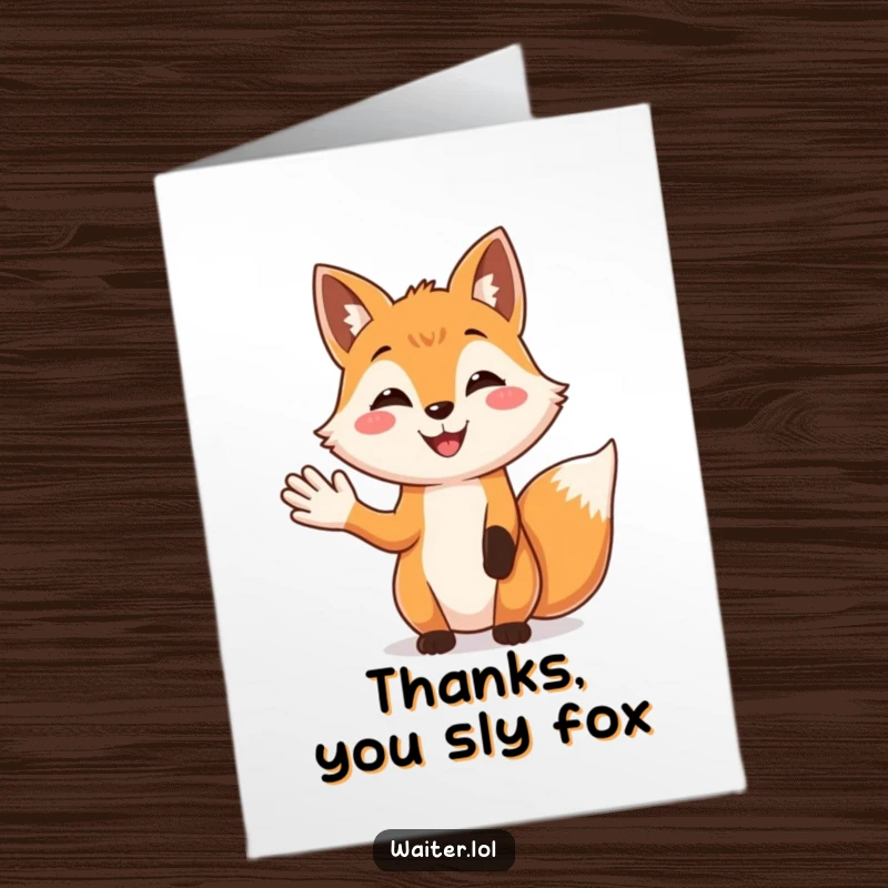 Funny Free Printable Thank You Card featuring a cheerful fox offering a welcoming gesture, perfect for expressing thanks.