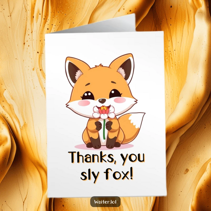 Funny free printable thank you card of a happy fox with a beaming smile delivering a single, perfect flower.