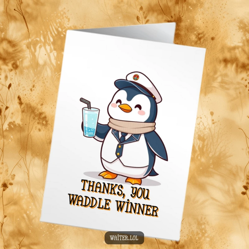 Funny Free Printable Thank You Card featuring a proud penguin in uniform offering a frosty drink, expressing thanks.