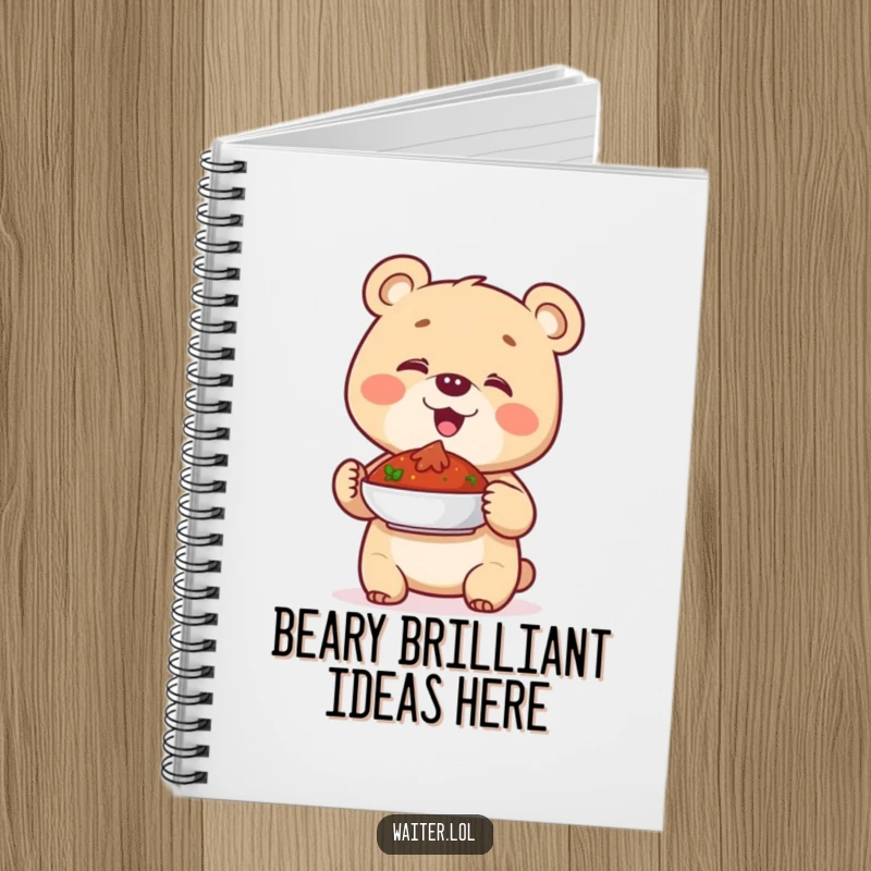 Funny notebook with a giggling bear cub proudly presenting a dish, ideal for jotting down thoughts and laughs.