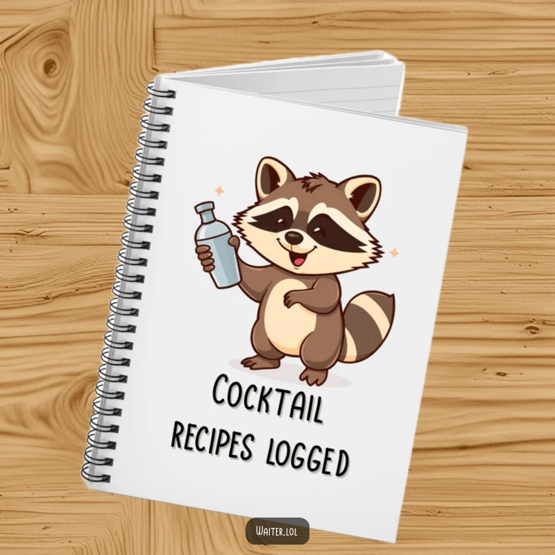 Funny Raccoon Bartender Notebook: A playful raccoon spins a cocktail shaker with energetic flourish, perfect for brainstorming notes.