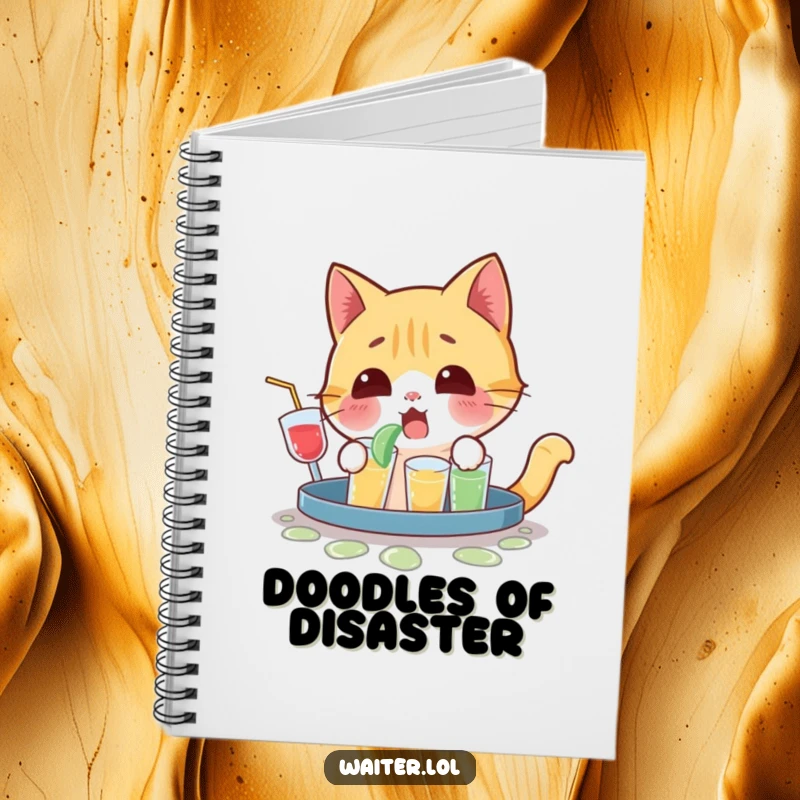 Funny notebook cover featuring a playful cat character with wide eyes and a surprised yelp after spilling drinks.