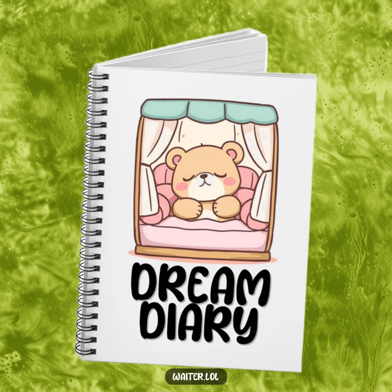 Funny notebook cover: A sleepy bear character peacefully snoozing in a comfortable booth, perfect for jotting down peaceful thoughts and dreams.