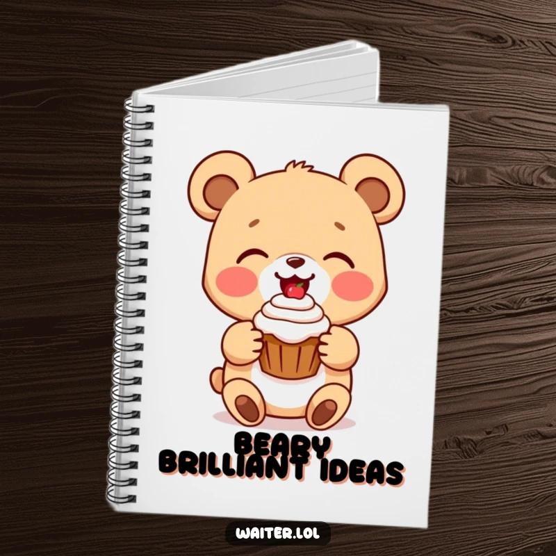 Funny bear cub notebook with a delighted cartoon bear cub presenting a perfect cupcake with a beaming smile, ideal for note-taking.