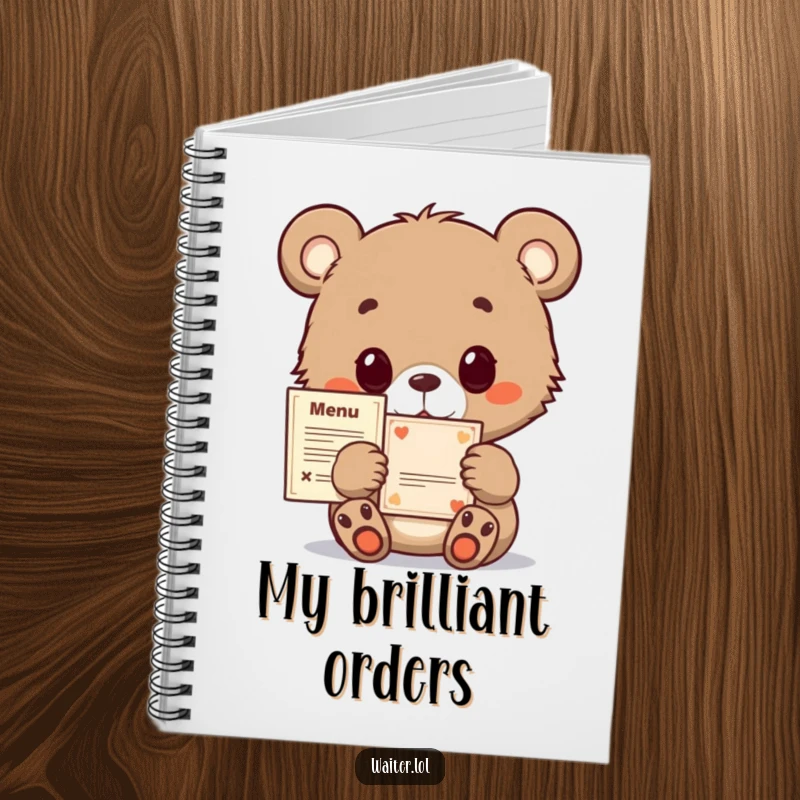 Funny bear cub notebook, with a hopeful expression, presenting a small menu for jotting down ideas, perfect for creative minds.