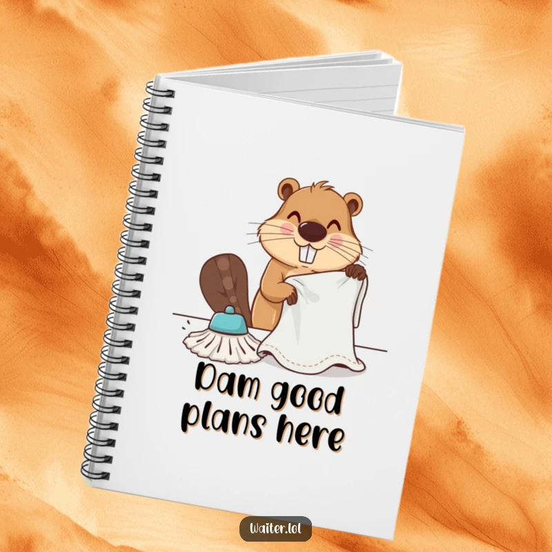 Funny determined beaver vigorously wiping a table with a large cloth on a notebook cover, for industrious humor and note-taking.