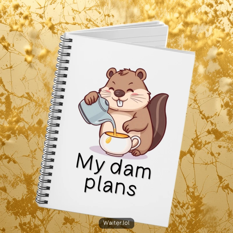 Funny beaver tea notebook, a beaver carefully pouring from a teapot, designed for organized thoughts and precise note-taking.
