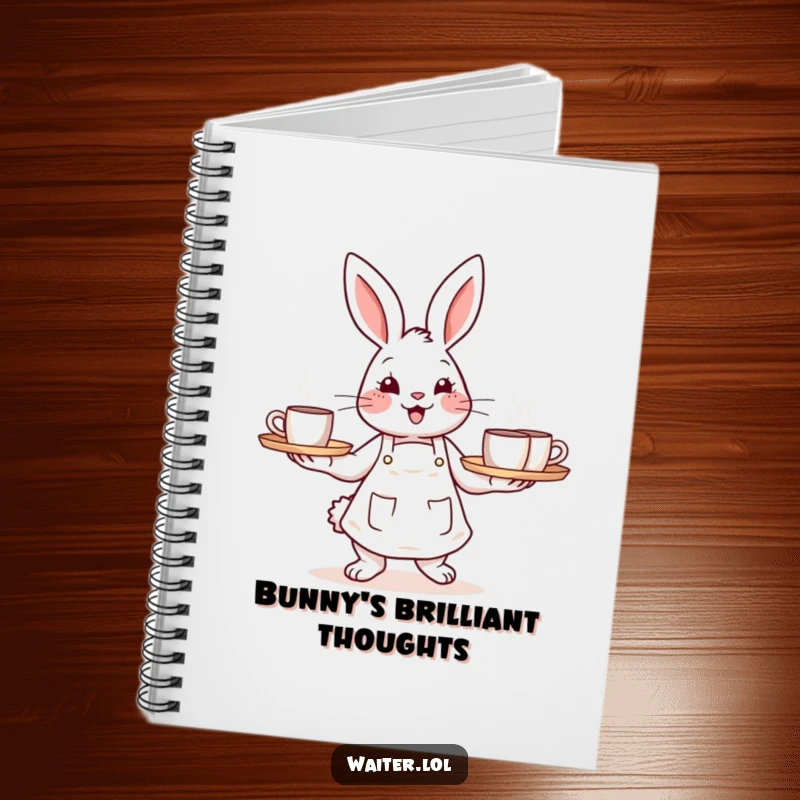 Funny notebook cover with a cheerful bunny in an apron carrying a tray of steaming mugs, great for journaling.