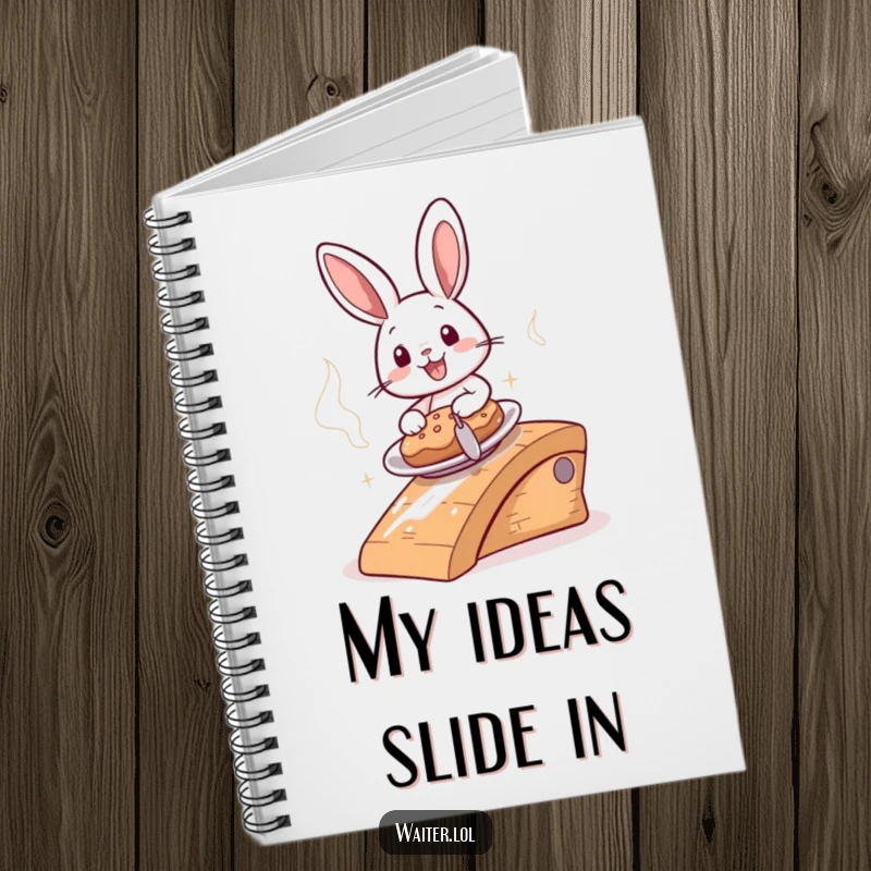 Funny cheerful bunny sliding a steaming plate down a ramp on a notebook cover, for speedy humor and note-taking.