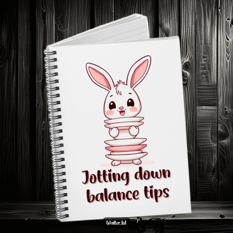 Funny notebook cover illustrating a happy bunny with wobbly ears attempting to balance a tall stack of plates.