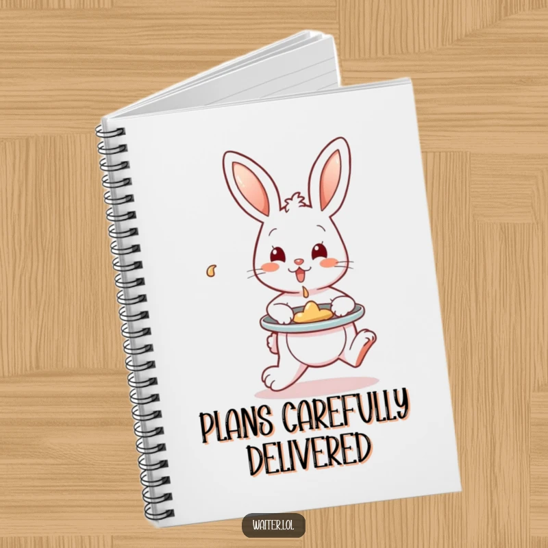 Funny Notebook with a playful bunny hopping with a tray, artfully containing a spill, ideal for jotting notes with a touch of humor.