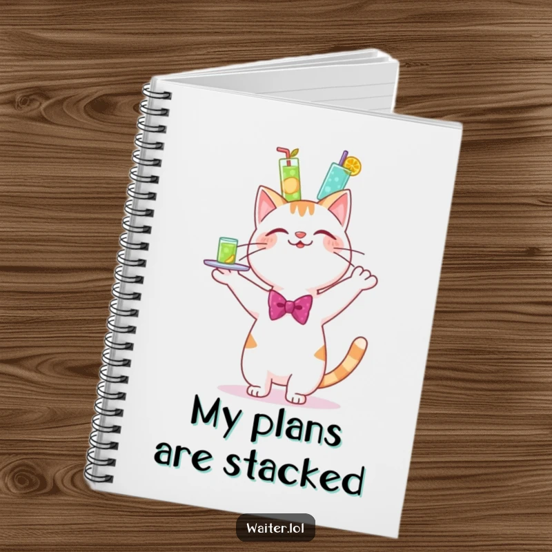 Funny notebook cover featuring a cheerful cartoon cat in a bowtie, happily wobbling a towering tray of drinks.