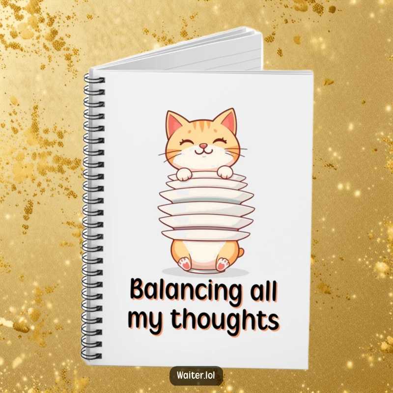 Funny cheerful cat balancing a huge stack of plates precariously on a notebook, perfect for notes and lists, a funny gift.