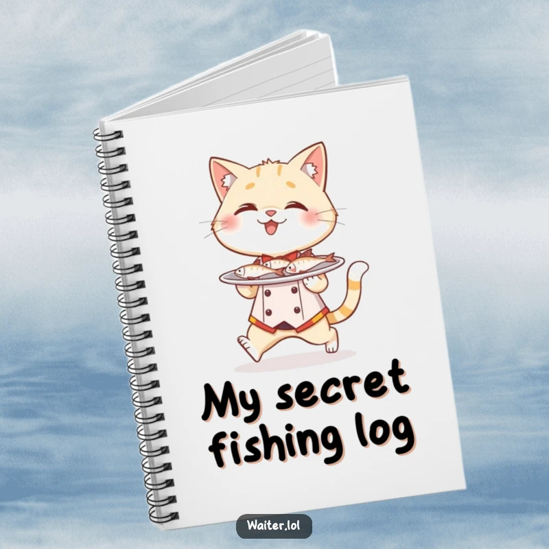 Funny cat waiter notebook, a giggling cat in a waiter outfit tiptoes carefully with a plate full of miniature fish.