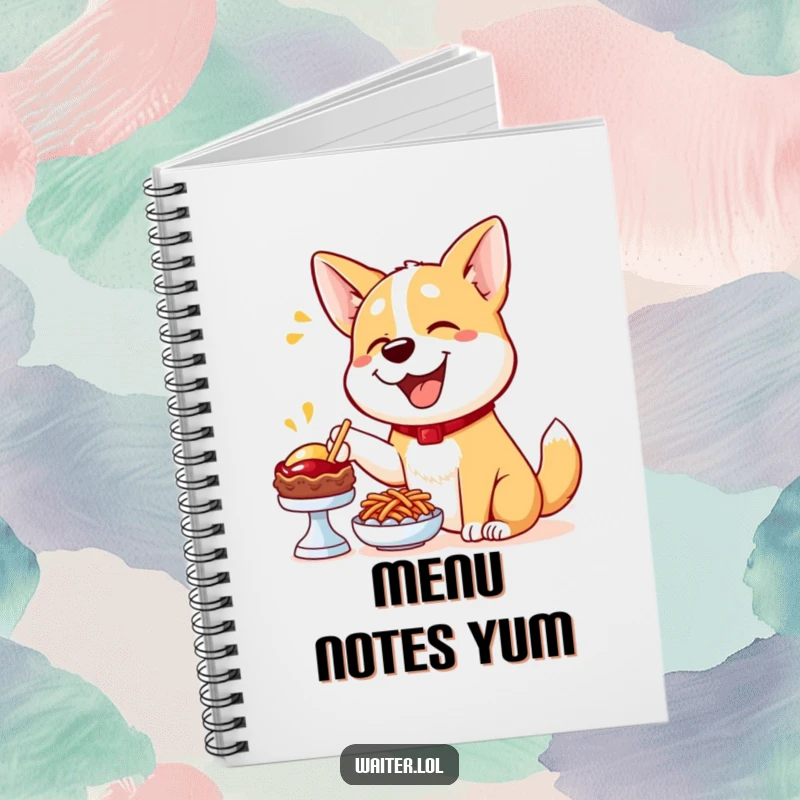 Funny Dog Menu Notebook: A happy dog enthusiastically points to a delicious menu item, perfect for jotting notes.
