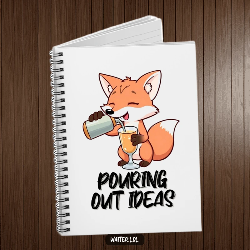 Funny playful fox pouring a drink with an exaggerated flourish on a notebook, perfect for notes and plans, a funny gift.