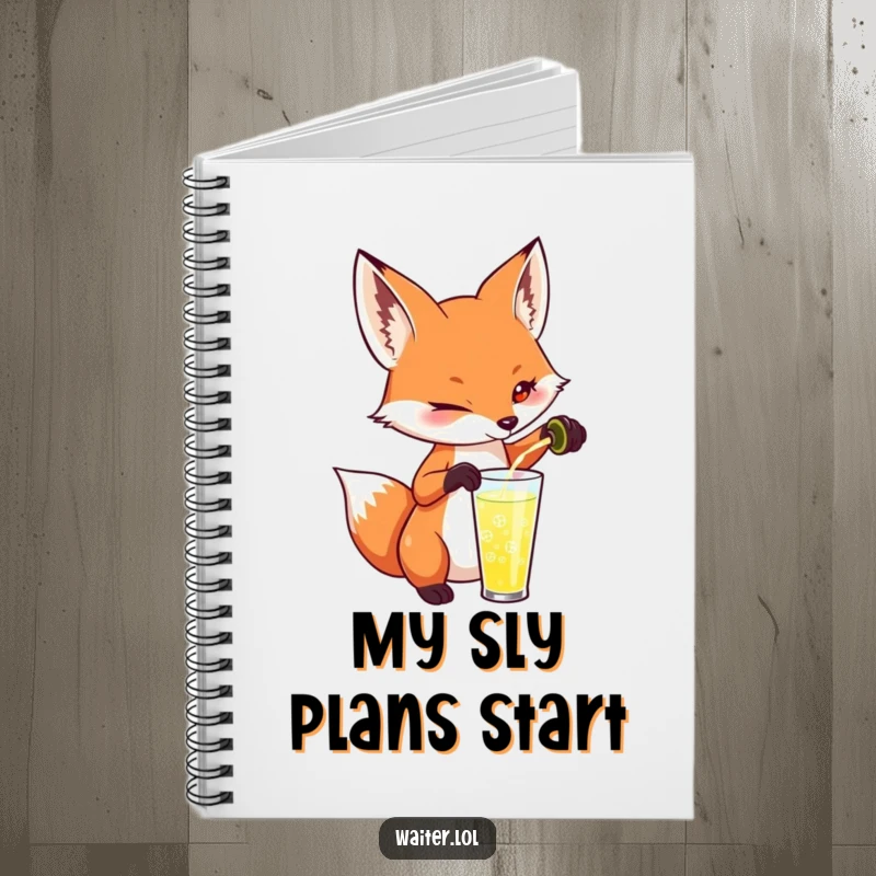 Funny fox notebook with a playful fox pouring a drink and a mischievous twinkle, perfect for capturing witty thoughts.