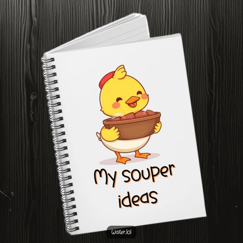 Funny happy duck bowl notebook, a proud duck carrying a steaming bowl, designed for delicious notes and culinary inspiration.