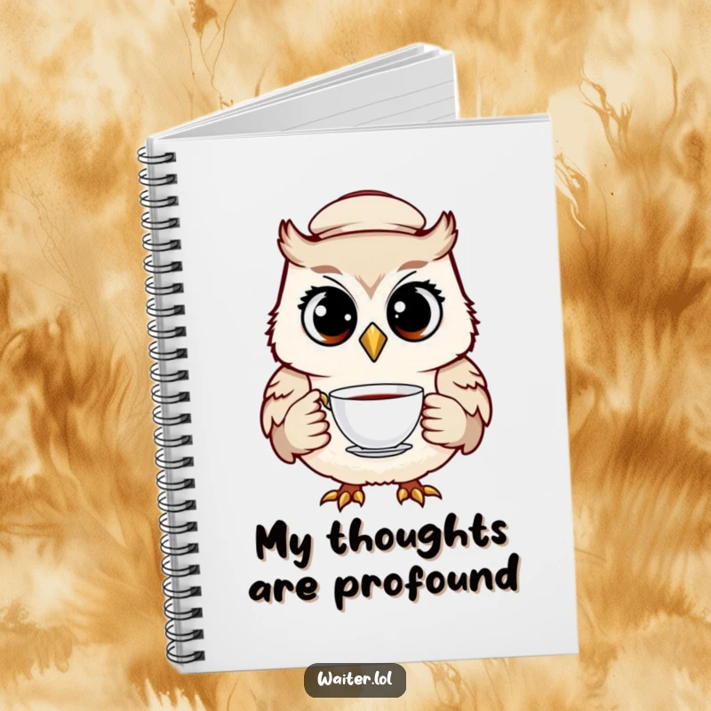 Funny owl waiter notebook featuring a cheerful bird in a cap, holding a teacup with wide, knowing eyes, ready for notes.