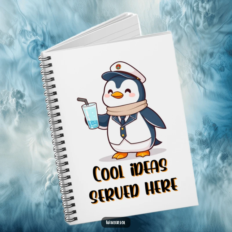 Funny Penguin Bartender Notebook: A proud penguin offers a frosty drink, inspiring organized service.