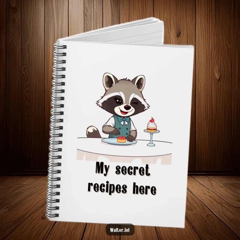 Funny Raccoon Waiter Notebook: Winking raccoon waiter sliding a tiny dessert across a table on the cover, perfect for notes.