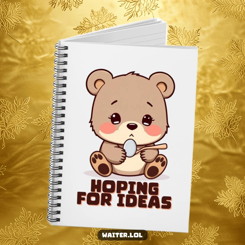 Funny notebook design with a shy bear cub shyly offering a tiny spoon with a hopeful expression, ideal for capturing thoughts with sweetness.
