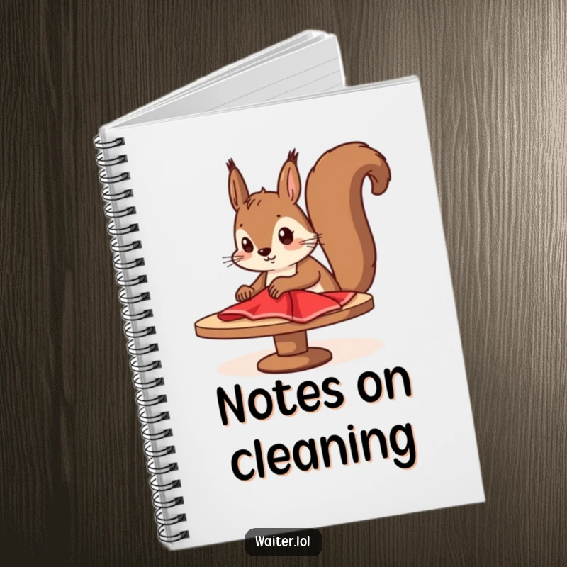 Funny squirrel cleaner notebook with a determined cartoon squirrel diligently wiping a table with a red cloth, ideal for organized writing.