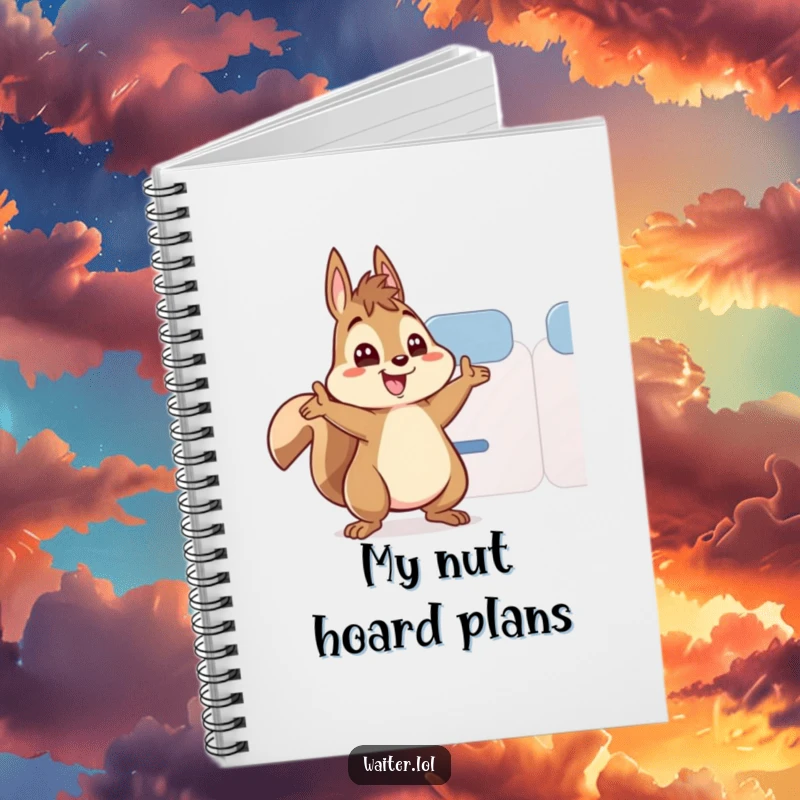Funny notebook cover featuring an energetic squirrel character enthusiastically refilling a teacup with wide, excited eyes.