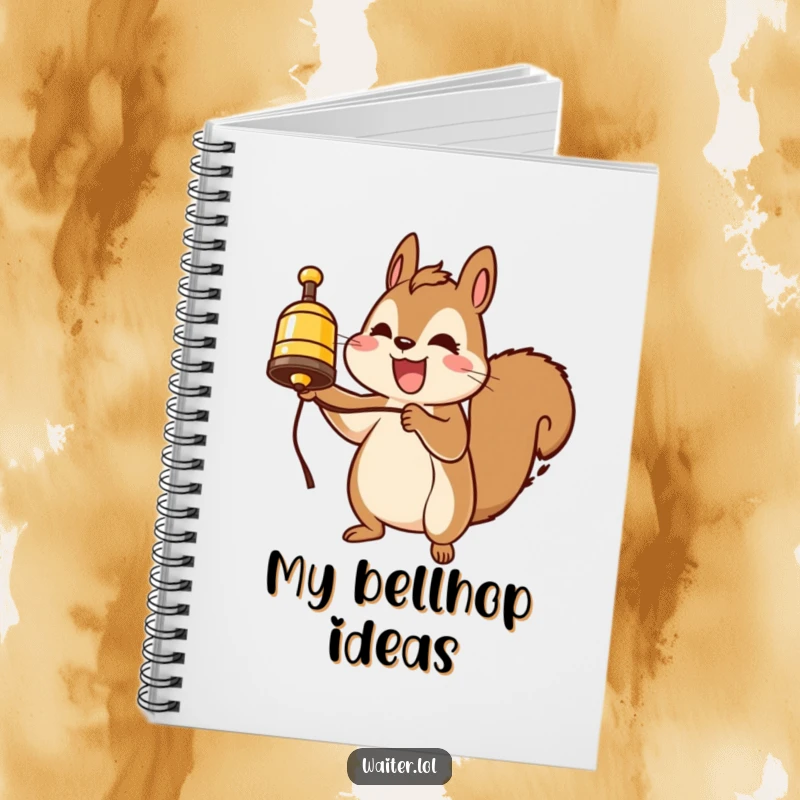 Funny squirrel service bell notebook, a cheerful squirrel holding a bell, ready to jot down notes, a fun and functional item.