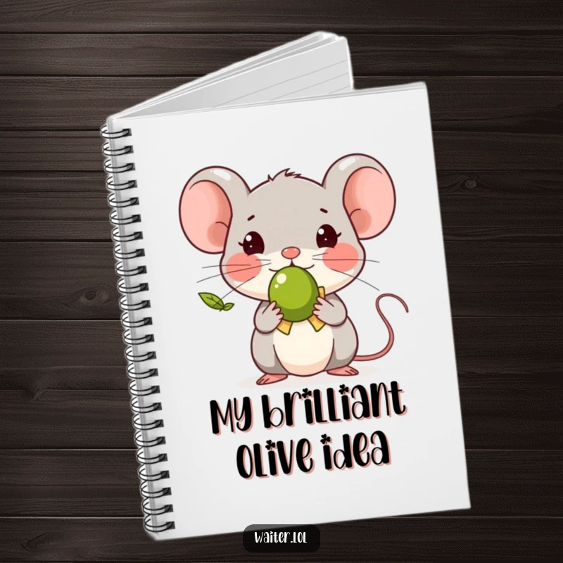 Funny tiny mouse character bowing politely, offering a single olive, on the cover of a charming notebook.