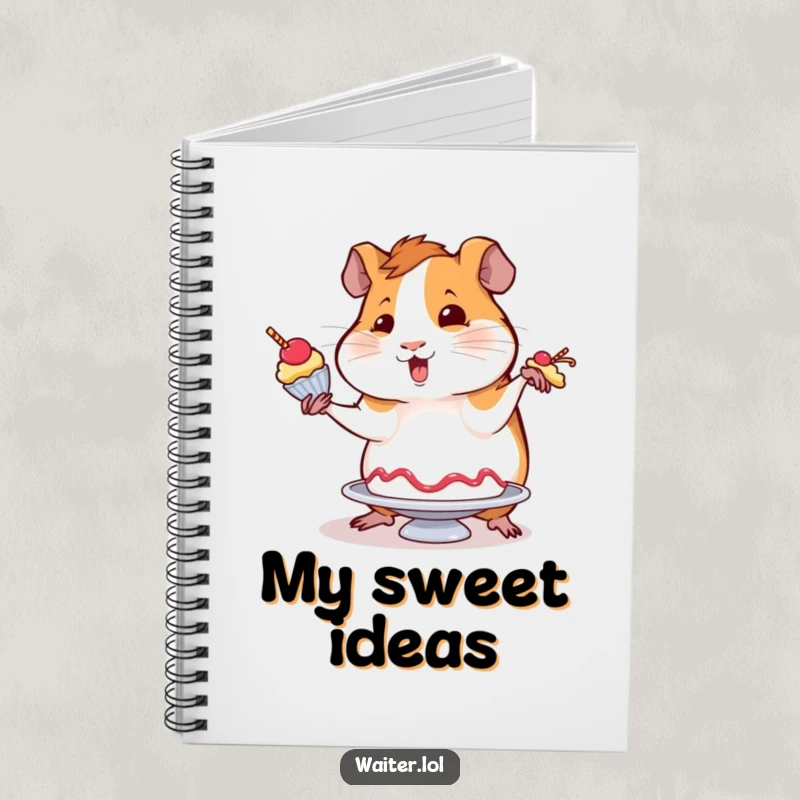 Funny notebook featuring a wobbly guinea pig attempting to balance a dessert with flair, ideal for jotting down creative and humorous notes.
